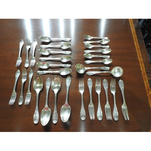 328 - COLLECTION OF MATCHING EARLY VICTORIAN HALLMARK SILVER FLAT WARE, comprising of two ladles, four ser... 