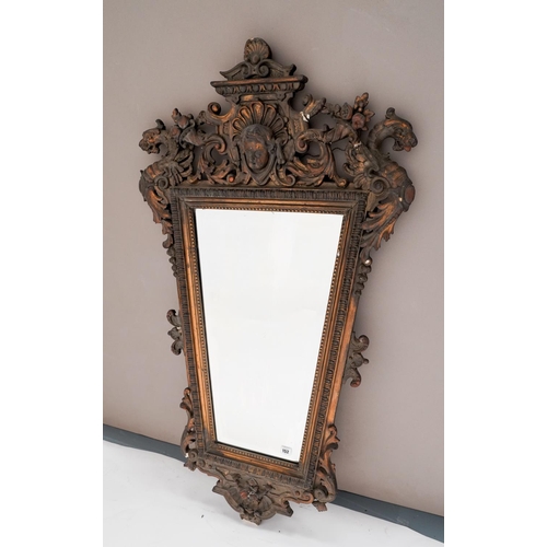 333 - ORNATE ROCCOCO STYLE GESSO FRAMED MIRROR TAPERING RECTANGULAR BEVELLED PLATE, 19TH CENTURY, decorate... 