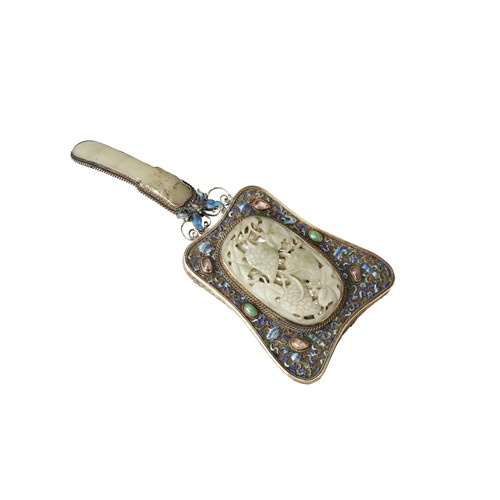 203 - SILVER AND ENAMEL JADE MOUNTED HAND MIRROR LATE QING DYNASTYthe 'jewelled' mirror decorated in colou... 