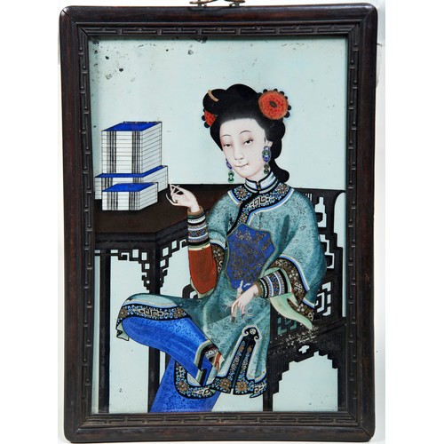 234 - CHINESE EXPORT REVERSE GLASS PAINTING OF AN ELEGANT LADYQING DYNASTY, 19TH CENTURYdepicted seated be... 