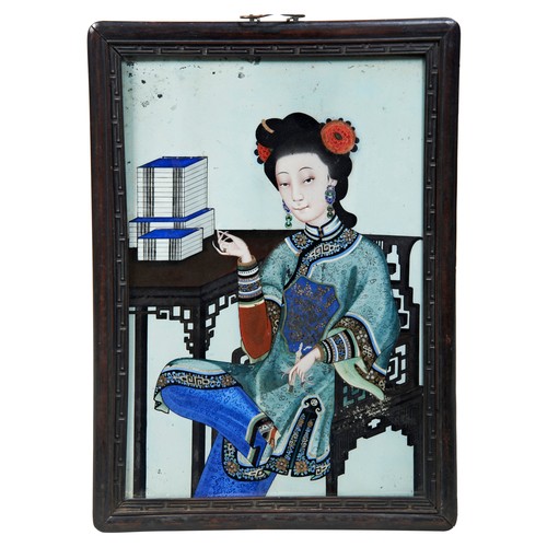 234 - CHINESE EXPORT REVERSE GLASS PAINTING OF AN ELEGANT LADYQING DYNASTY, 19TH CENTURYdepicted seated be... 