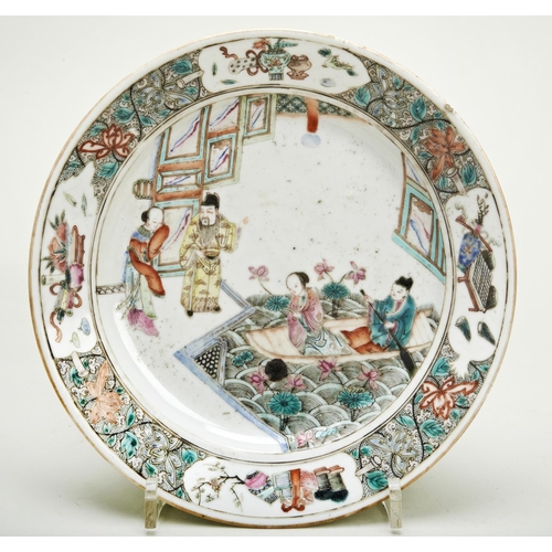 78 - FAMILLE VERTE DISHQING DYNASTY, 19TH CENTURYpainted with courtiers and panels of auspicious items, a... 