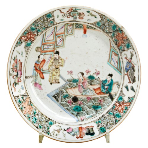 78 - FAMILLE VERTE DISHQING DYNASTY, 19TH CENTURYpainted with courtiers and panels of auspicious items, a... 