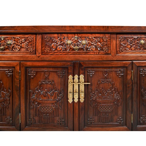 257 - FINE HUANGHUALI THREE DRAWER COFFER, GUICHUQING DYNASTYthe rectangular top with everted ends above t... 