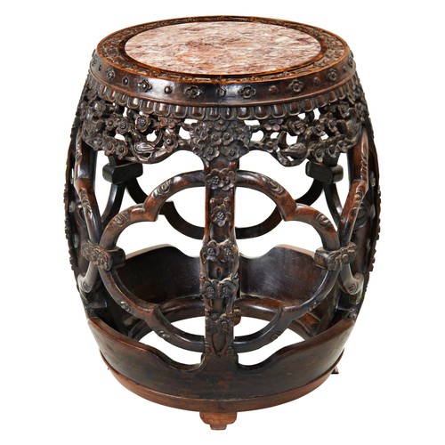 260 - CARVED HARDWOOD MARBLE INSET DRUM STOOL QING DYNASTY, 19TH CENTURYof pierced barrel form carved with... 