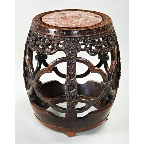 260 - CARVED HARDWOOD MARBLE INSET DRUM STOOL QING DYNASTY, 19TH CENTURYof pierced barrel form carved with... 