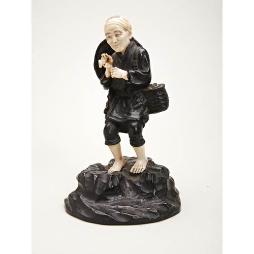 298 - JAPANESE BRONZE AND IVORY OKIMONO OF AN OLD MAN, BY MINAMIMEIJI PERIODmodelled standing holding a pi... 