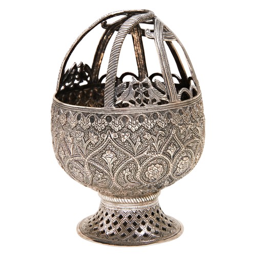 334 - PERSIAN SILVER BASKET19TH CENTURYthe sides finely chased and embossed with enclosed flower scrolls, ... 