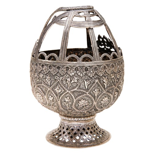 334 - PERSIAN SILVER BASKET19TH CENTURYthe sides finely chased and embossed with enclosed flower scrolls, ... 