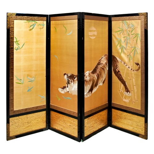 329 - FINE JAPANESE EMBORIDERED-SILK FOUR FOLD SCREENMEIJI PERIOD (1868-1912)finely worked with a large ti... 