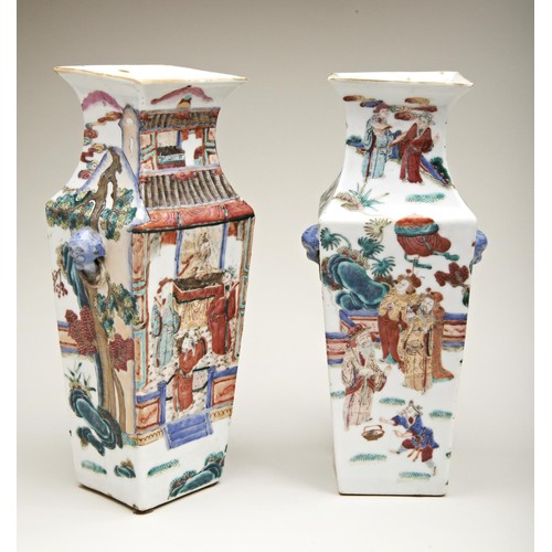 86 - PAIR OF SQUARE-FORM FAMILLE ROSE VASESQING DYNASTY, 19TH CENTURYthe sides painted with interior and ... 