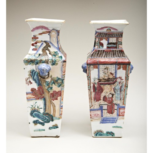 86 - PAIR OF SQUARE-FORM FAMILLE ROSE VASESQING DYNASTY, 19TH CENTURYthe sides painted with interior and ... 