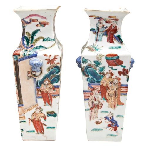 86 - PAIR OF SQUARE-FORM FAMILLE ROSE VASESQING DYNASTY, 19TH CENTURYthe sides painted with interior and ... 