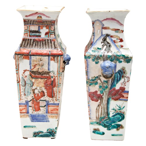 86 - PAIR OF SQUARE-FORM FAMILLE ROSE VASESQING DYNASTY, 19TH CENTURYthe sides painted with interior and ... 