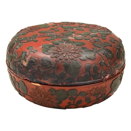 217 - CINNABAR POLYCHROME LACQUER BOXQING DYNASTY, 19TH CENTURYcarved in low relief with blossoming chrysa... 