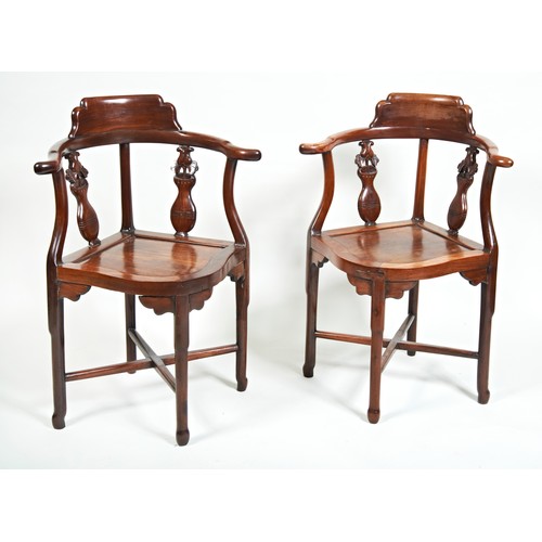 267 - PAIR OF CHINESE HARDWOOD CORNER CHAIRSQING DYNASTY, 19TH CENTURYthe curved backs with two carved vas... 