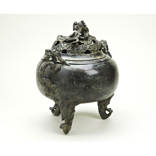 16 - BRONZE TRIPOD 'DRAGON' CENSER AND COVERQING DYNASTYthe domed cover surmounted by a dragon emerging f... 