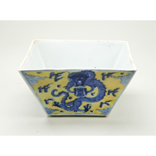 103 - YELLOW GROUND 'DRAGON' BOWLZHENGDE FOUR CHARCATER MARK, QING DYNASTYof flared-square form the sides ... 