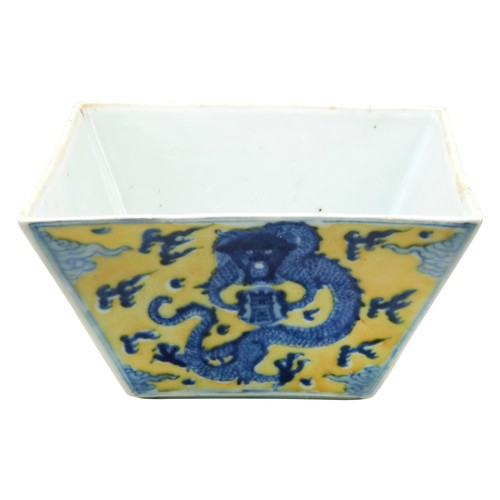 103 - YELLOW GROUND 'DRAGON' BOWLZHENGDE FOUR CHARCATER MARK, QING DYNASTYof flared-square form the sides ... 