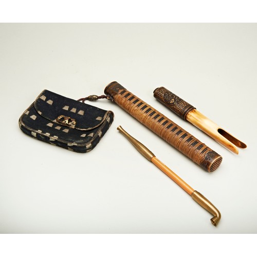 301 - JAPANESE IVORY AND RATTAN KISERUZUTSU (PIPE CASE) AND A TABAKO-IRE (TOBACCO POUCH)MEIJI PERIODwith a... 