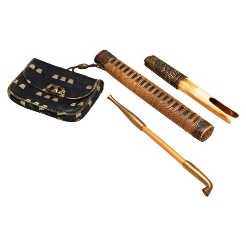 301 - JAPANESE IVORY AND RATTAN KISERUZUTSU (PIPE CASE) AND A TABAKO-IRE (TOBACCO POUCH)MEIJI PERIODwith a... 