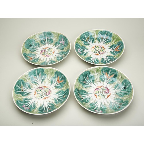 109 - SET OF FOUR FAMILLE ROSE 'CABBAGE-LEAF' DISHESJIAQING RED SEAL MARK AND OF THE PERIODthe interiors p... 