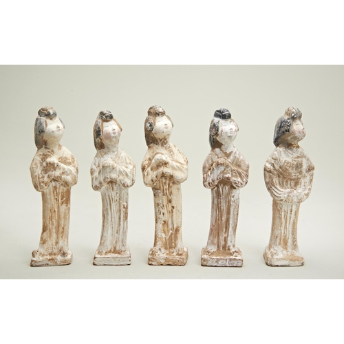 1 - GROUP OF FIVE PAINTED POTTERY LADIESTANG DYNASTYeach standing in an elegant swaying pose with hands ... 