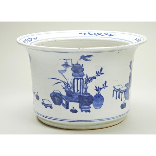 43 - LARGE BLUE AND WHITE JARDINIERE QING DYNASTY, 19TH CENTURYthe cylindrical sides with an everted rim ... 