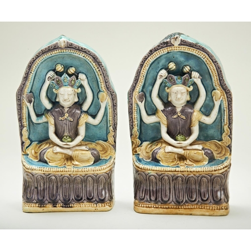 330 - PAIR THAI-MARKET SANCAI-GLAZED RELIEF WALL PLAQUES QING DYNASTYeach decorated in high relief with a ... 