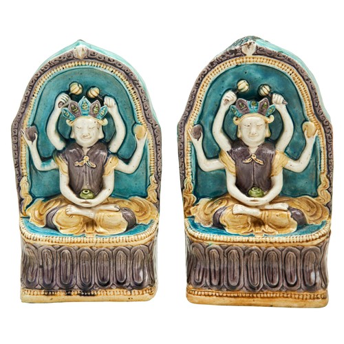 330 - PAIR THAI-MARKET SANCAI-GLAZED RELIEF WALL PLAQUES QING DYNASTYeach decorated in high relief with a ... 