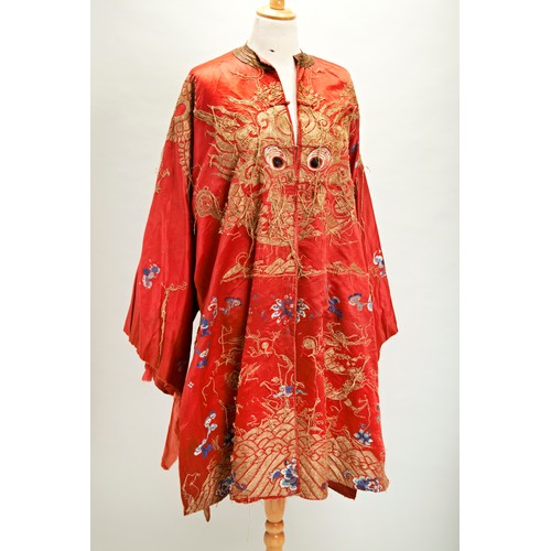 241 - EMBROIDRED HAN-CHINESE RED GROUND SILK ROBELATE 19TH / EARLY 20TH CENTURYworked in couched gold thre... 