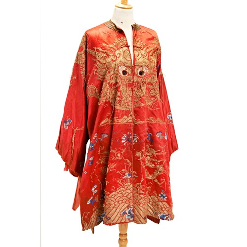 241 - EMBROIDRED HAN-CHINESE RED GROUND SILK ROBELATE 19TH / EARLY 20TH CENTURYworked in couched gold thre... 