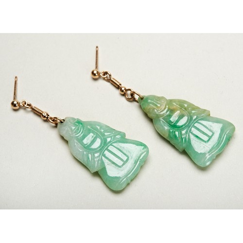 201 - PAIR OF JADEITE GOLD-MOUNTED EARRINGSthe drop earrings each modelled as a standing buddha 4.6cm long... 