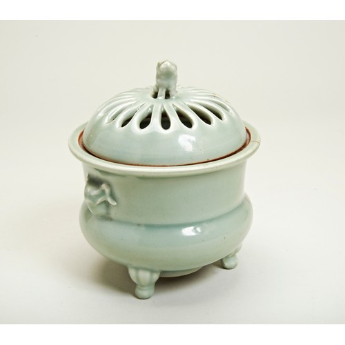 65 - 'LONGQUAN' CELADON-GLAZED CENSER AND COVERQING DYNASTY, 18TH CENTURY OR EARLIERthe pierced domed cov... 