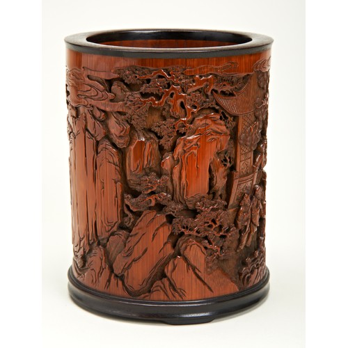 226 - EXCEPTIONALLY FINE CARVED BAMBOO AND HARDWOOD MOUNTED BRUSHPOT, BITONGQIANLONG PERIODthe cylindrical... 