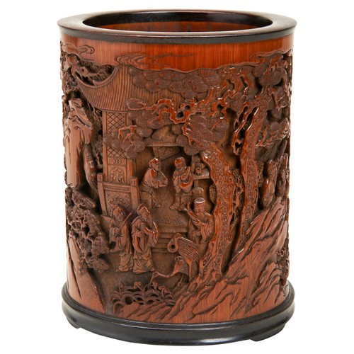 226 - EXCEPTIONALLY FINE CARVED BAMBOO AND HARDWOOD MOUNTED BRUSHPOT, BITONGQIANLONG PERIODthe cylindrical... 