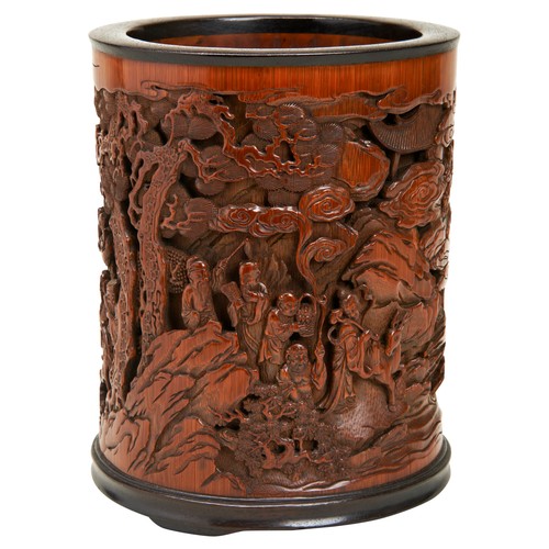 226 - EXCEPTIONALLY FINE CARVED BAMBOO AND HARDWOOD MOUNTED BRUSHPOT, BITONGQIANLONG PERIODthe cylindrical... 