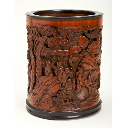 226 - EXCEPTIONALLY FINE CARVED BAMBOO AND HARDWOOD MOUNTED BRUSHPOT, BITONGQIANLONG PERIODthe cylindrical... 