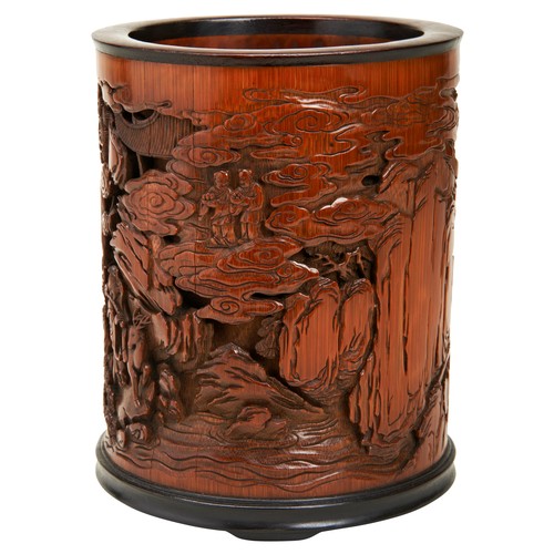 226 - EXCEPTIONALLY FINE CARVED BAMBOO AND HARDWOOD MOUNTED BRUSHPOT, BITONGQIANLONG PERIODthe cylindrical... 