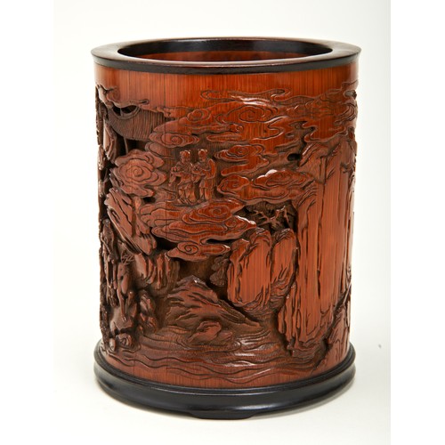 226 - EXCEPTIONALLY FINE CARVED BAMBOO AND HARDWOOD MOUNTED BRUSHPOT, BITONGQIANLONG PERIODthe cylindrical... 