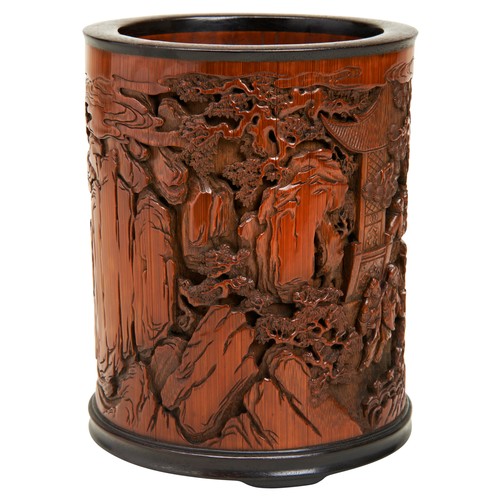 226 - EXCEPTIONALLY FINE CARVED BAMBOO AND HARDWOOD MOUNTED BRUSHPOT, BITONGQIANLONG PERIODthe cylindrical... 