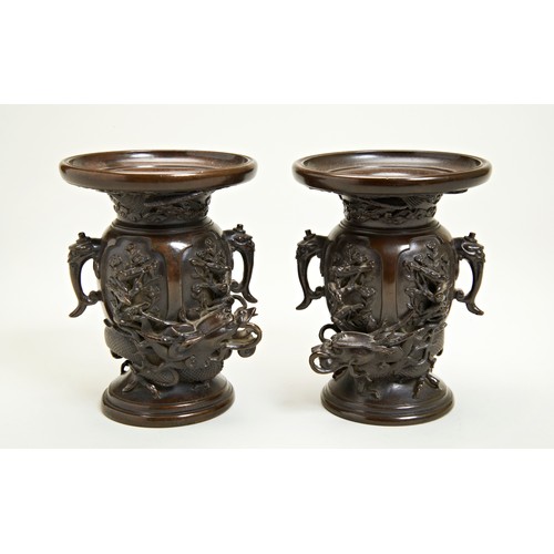 320 - PAIR OF JAPANESE BRONZE 'DRAGON' VASES, SIGNED SOHOMEIJI PERIOD (1868-1912)the sides cast in high re... 