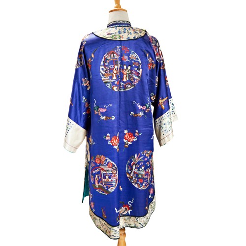 242 - EMBROIDERED BLUE SILK HOUSE LADIES ROBELATE QING DYNASTYfinely worked with figurative roundels and a... 