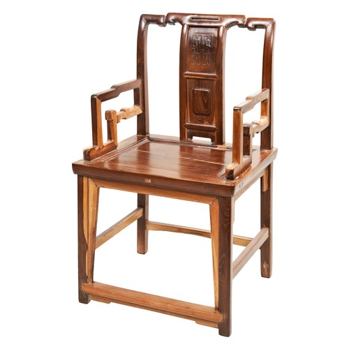 275 - GOOD CARVED JICHIMU ARMCHAIRMID-QING DYNASTYthe square back with a panelled spat and open-scroll arm... 