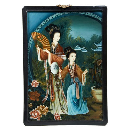 237 - CHINESE REVERSE GLASS PAINTING20TH CENTURYdepicting two elegant ladies in a garden scene, framed 71c... 