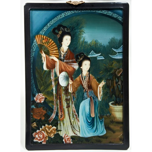 237 - CHINESE REVERSE GLASS PAINTING20TH CENTURYdepicting two elegant ladies in a garden scene, framed 71c... 