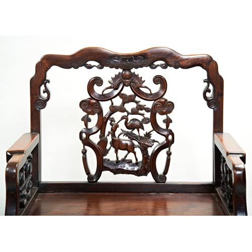 277 - CARVED HONGMU ARMCHAIRMID-QING DYNASTYthe back carved with a bat, deer, a crane and pine trees above... 