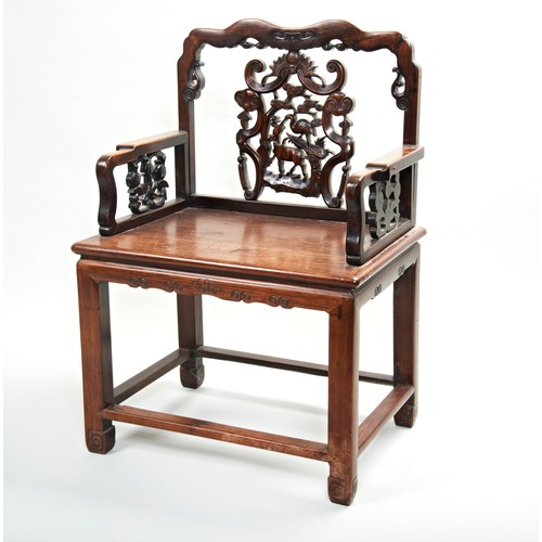 277 - CARVED HONGMU ARMCHAIRMID-QING DYNASTYthe back carved with a bat, deer, a crane and pine trees above... 