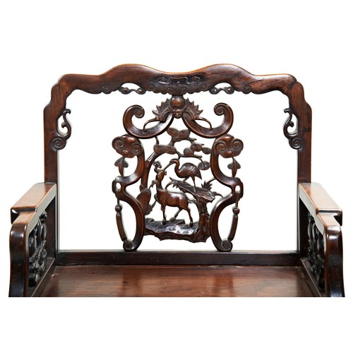 277 - CARVED HONGMU ARMCHAIRMID-QING DYNASTYthe back carved with a bat, deer, a crane and pine trees above... 