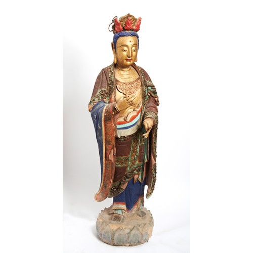 219 - MONUMENTAL POLYCHROME PAINTED STUCCO BODDISATVAYUAN-MING DYNASTY shown standing on a lotus base with... 